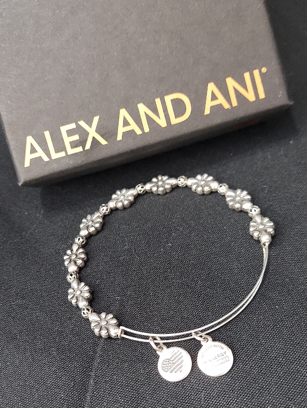 Alex And Ani Silver Blossom Beaded Expandable Bangle Bracelet - 2 Signed Charms